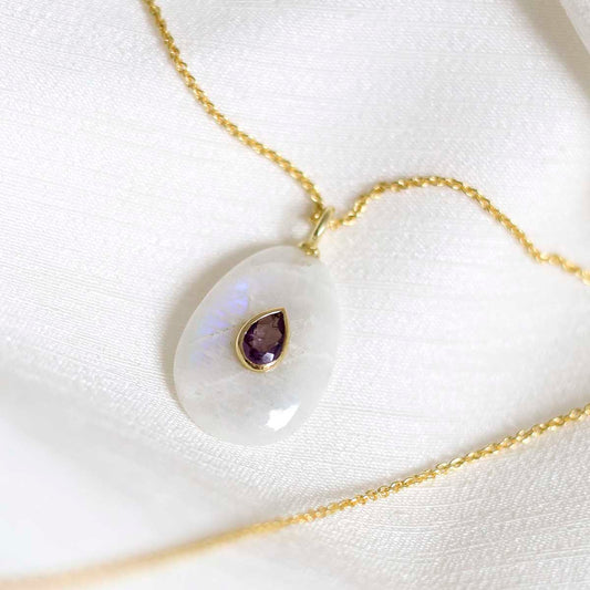 MM18_Sterling Silver Gold Plated Teardrop Moonstone and Amethyst Stone Set Gem Necklace_Trace 1