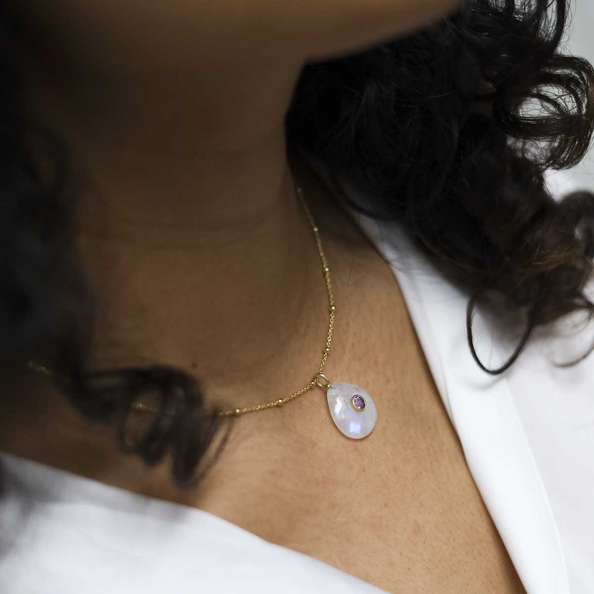 Sterling Silver Gold Plated Moonstone and Amethyst Pear Stone Set Gem Necklace