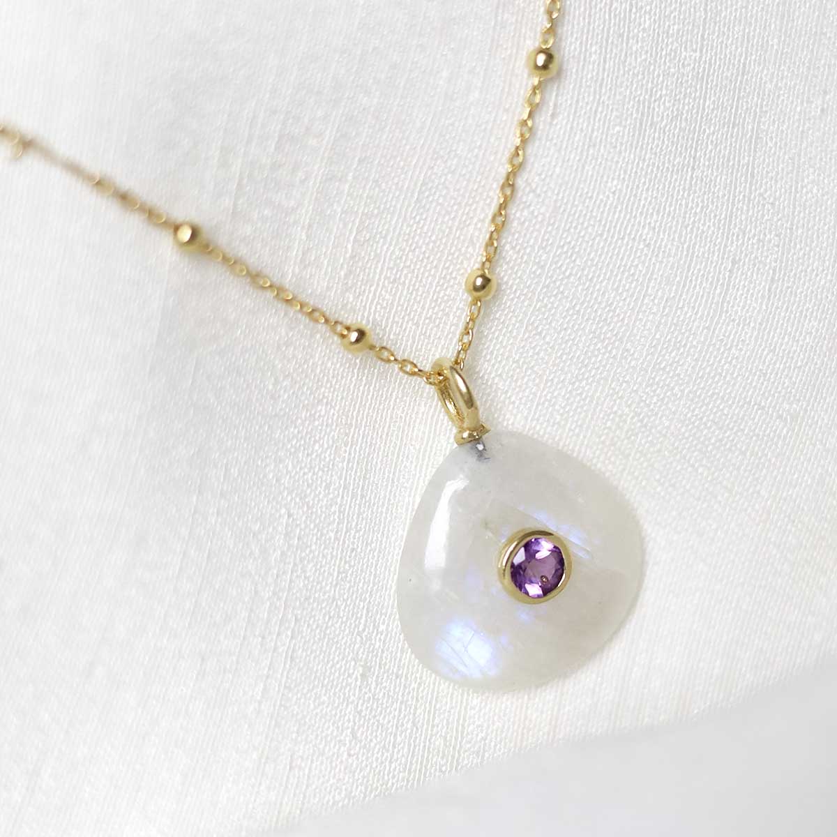 Sterling Silver Gold Plated Moonstone and Amethyst Pear Stone Set Gem Necklace