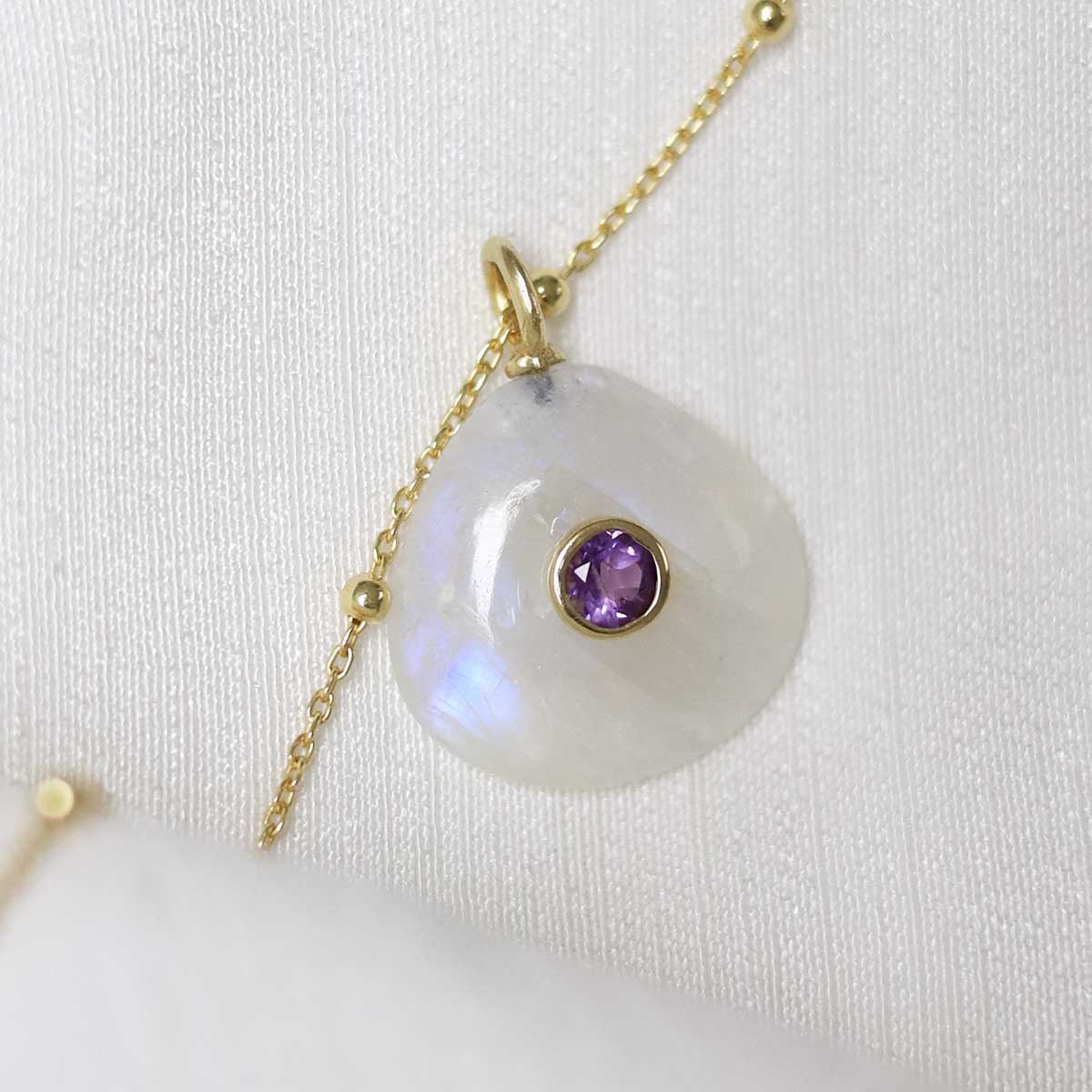 Sterling Silver Gold Plated Moonstone and Amethyst Pear Stone Set Gem Necklace