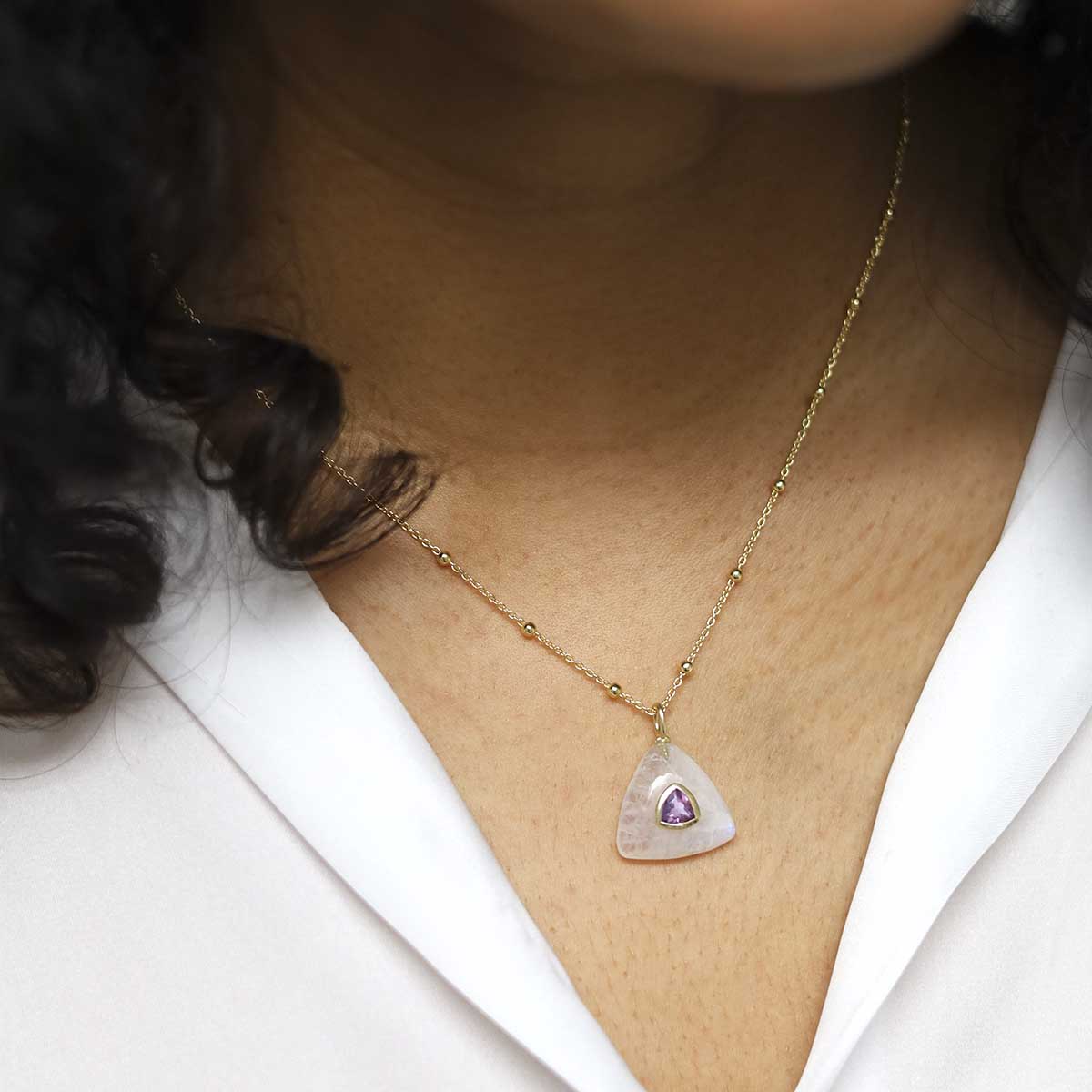 Sterling Silver Gold Plated Moonstone and Amethyst Stone Set Gem Necklace