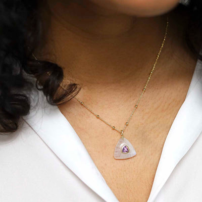 MM20_Sterling Silver Gold Plated Moonstone and Amethyst Stone Set Gem Necklace_model