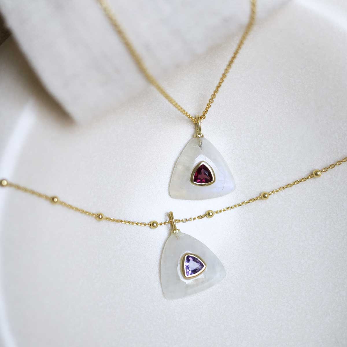 Sterling Silver Gold Plated Moonstone and Amethyst Stone Set Gem Necklace