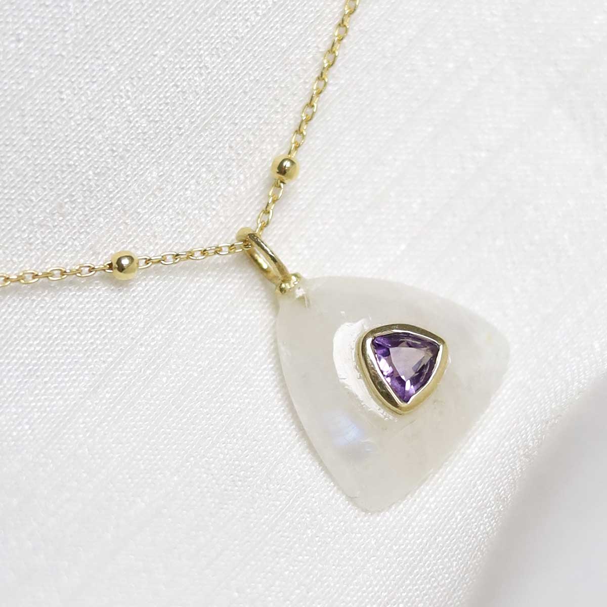 Sterling Silver Gold Plated Moonstone and Amethyst Stone Set Gem Necklace