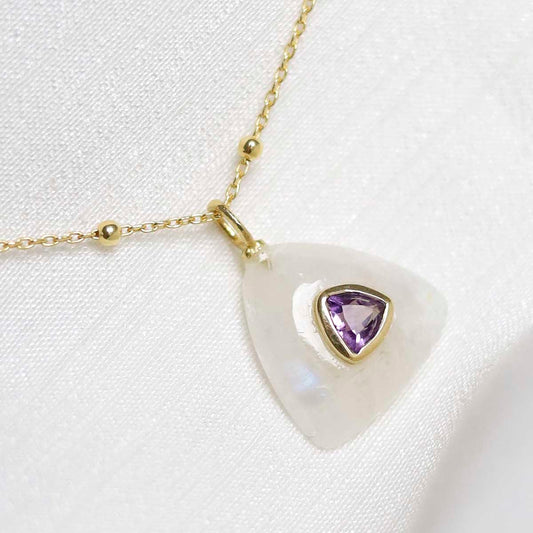 MM20_Sterling Silver Gold Plated Moonstone and Amethyst Stone Set Gem Necklace_satellite 1