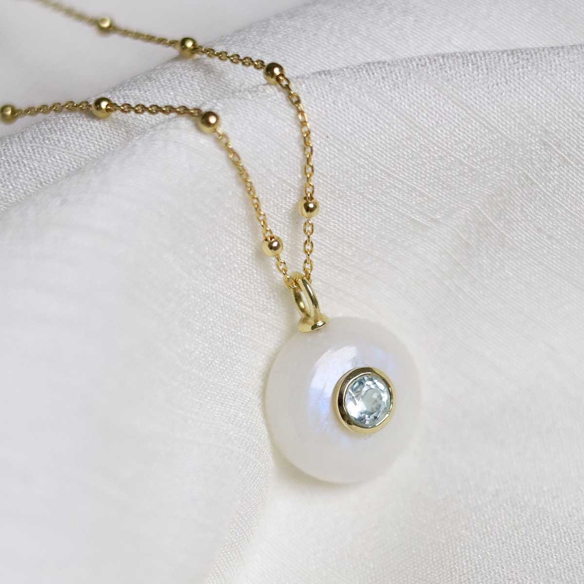 Sterling Silver Gold Plated Moonstone and Blue Topaz Stone Set Gem Necklace