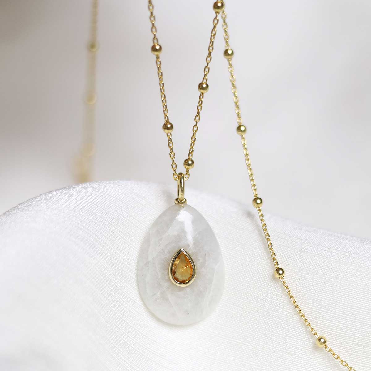 Sterling Silver Gold Plated Moonstone and Citrine Stone Set Gem Necklace