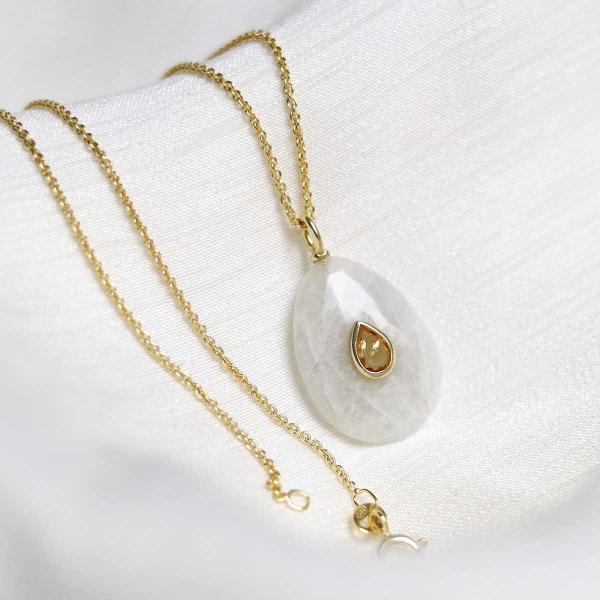 Sterling Silver Gold Plated Moonstone and Citrine Stone Set Gem Necklace