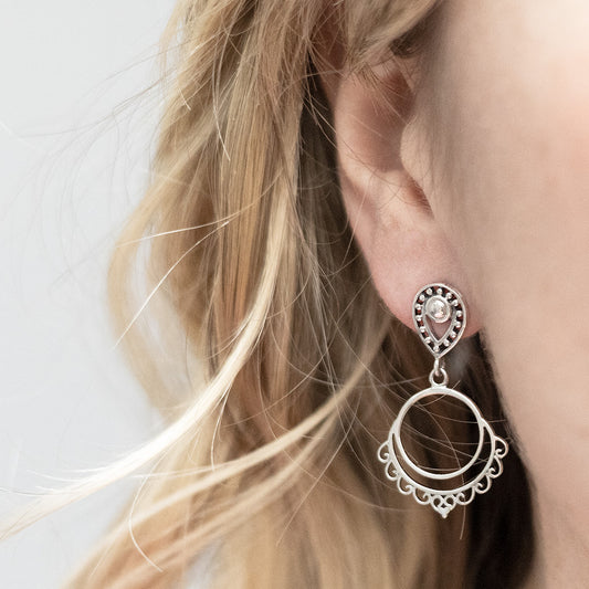 ML704 Sterling Silver Moroccan Dangly Teardrop Studs Model shot