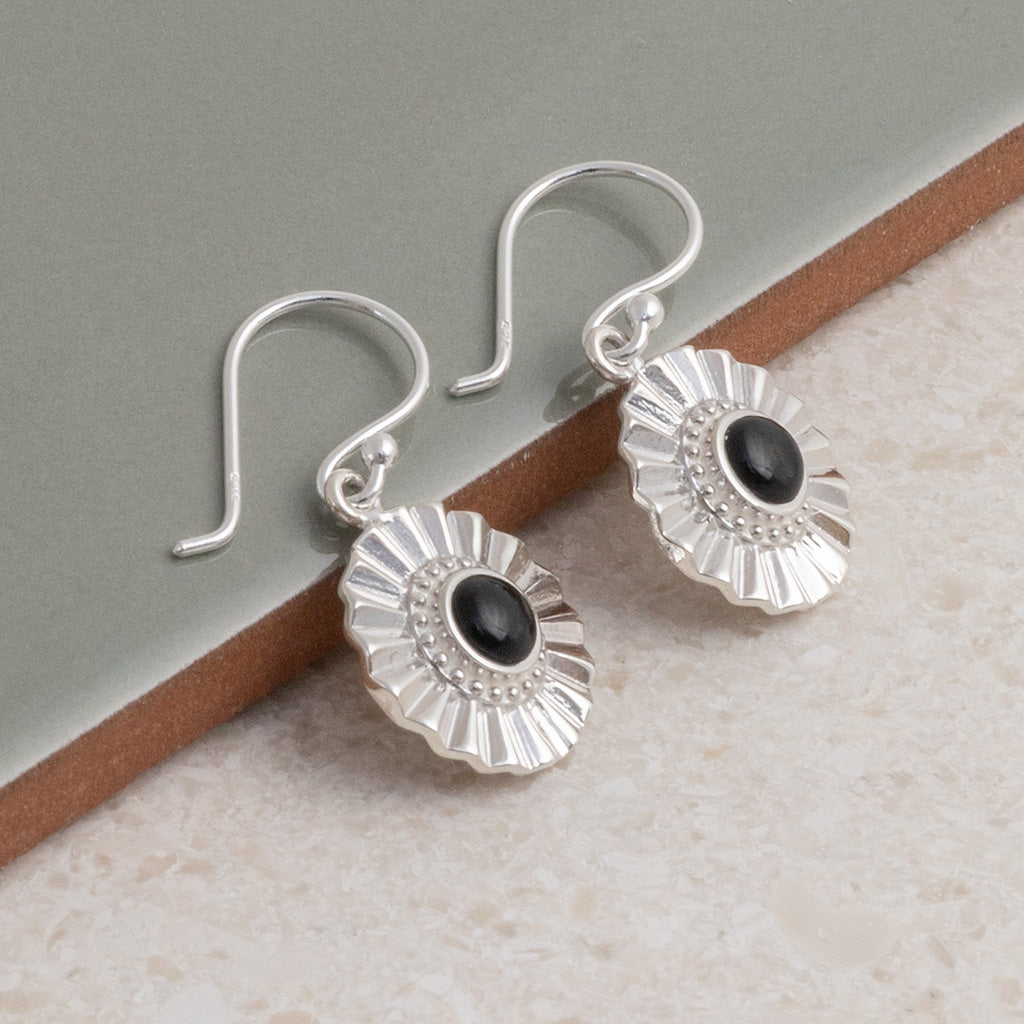 Sterling Silver Onyx Sun Disc Dangly Earrings