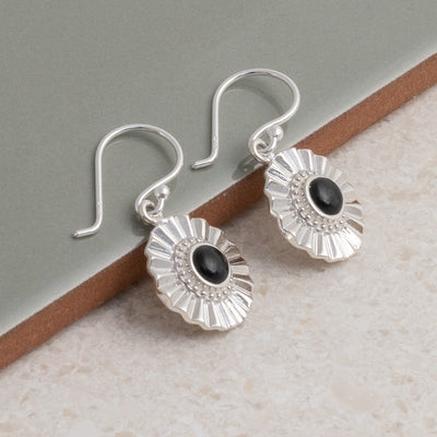 ML700o Sterling Silver Onyx Sun Disc Dangly Earrings