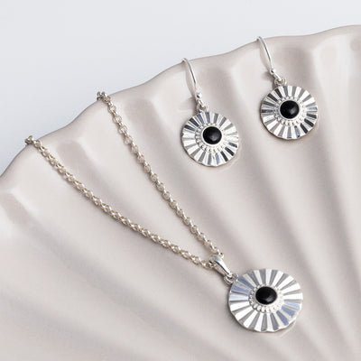 ML700o + ML723o Sterling Silver Onyx Sun Disc Dangly Earrings + Necklace Set