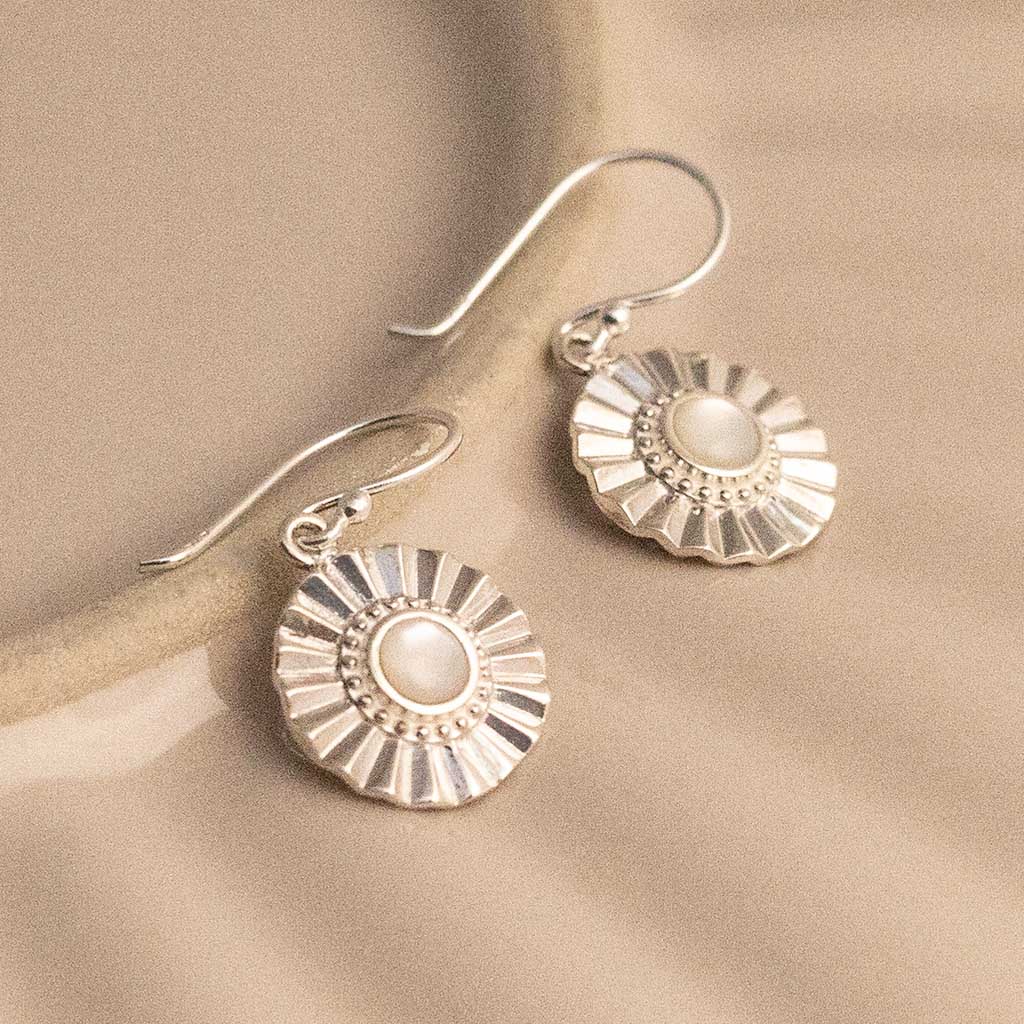 Sterling Silver Mother Of Pearl Sun Disc Dangly Earrings