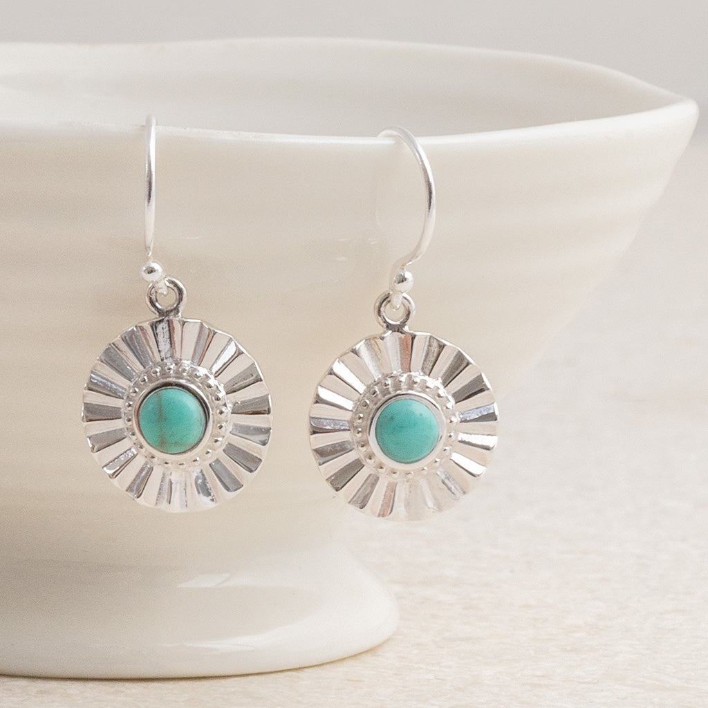 Sterling Silver Turquoise Sun Disc Dangly Earrings