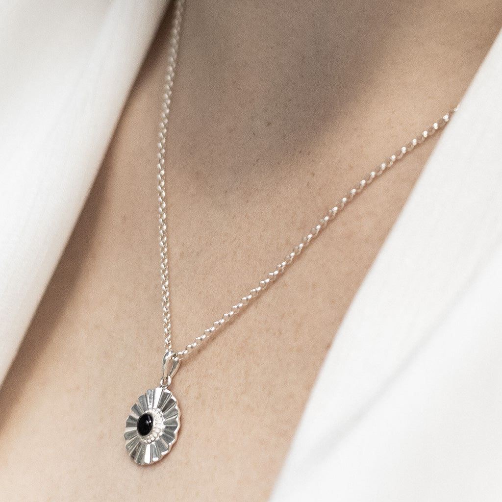 Sterling Silver Onyx Sun Disc Necklace
