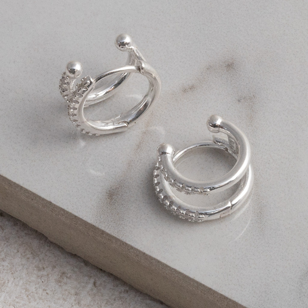 Sterling Silver CZ Double Hoop Huggies- Clear