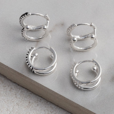 ML707CZ + ML707CZB Sterling Silver Black + CZ Double Hoop Huggies