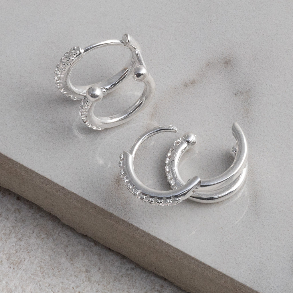Sterling Silver CZ Double Hoop Huggies- Clear