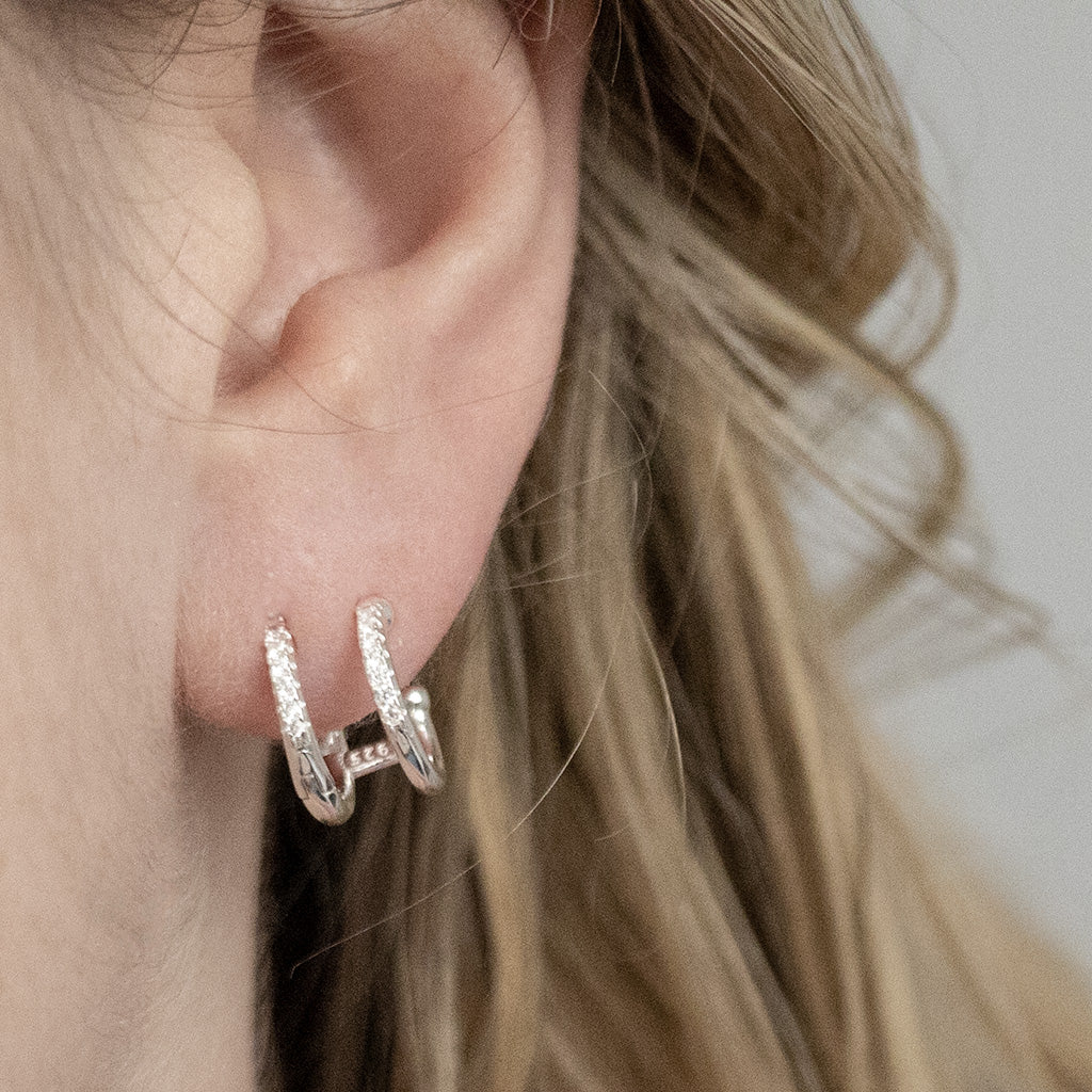 Sterling Silver CZ Double Hoop Huggies- Clear