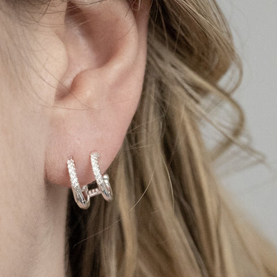 ML707CZ Sterling Silver CZ Double Hoop Huggies Model Shot 2