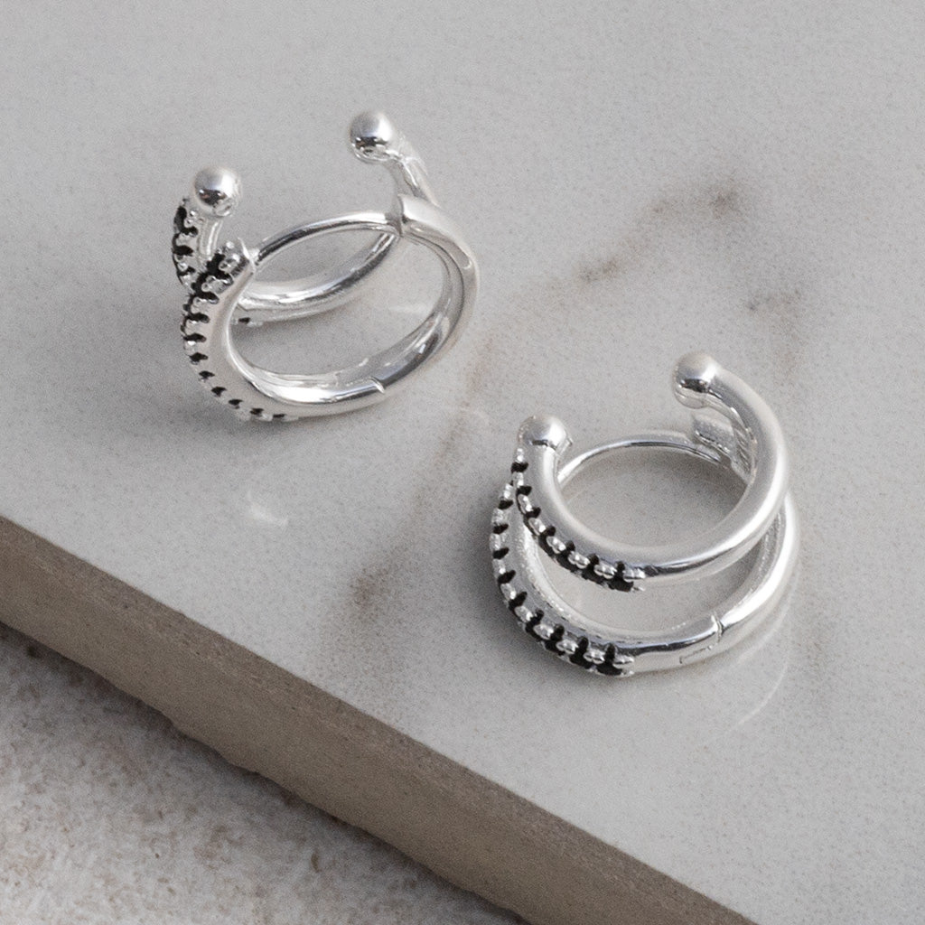 Sterling Silver CZ Double Hoop Huggies- Black