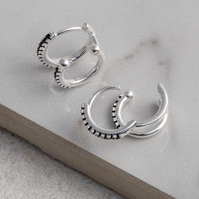 ML707CZB Sterling Silver Black CZ Double Hoop Huggies 2