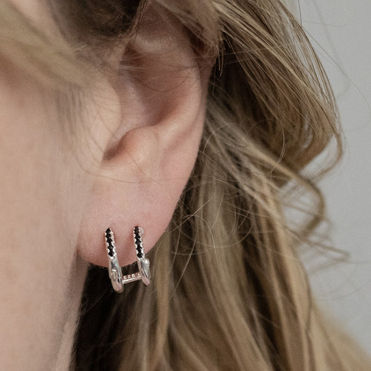 ML707CZB Sterling Silver Black CZ Double Hoop Huggies Model Shot 2
