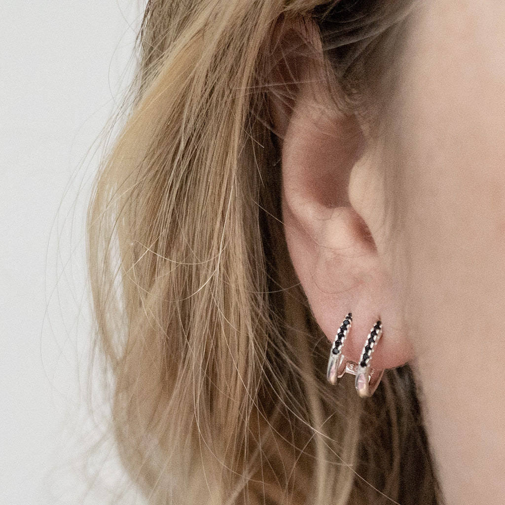 Sterling Silver CZ Double Hoop Huggies- Black