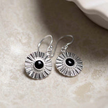 ML700o_Sterling Silver Onyx Sun Disc Dangly Earrings_1