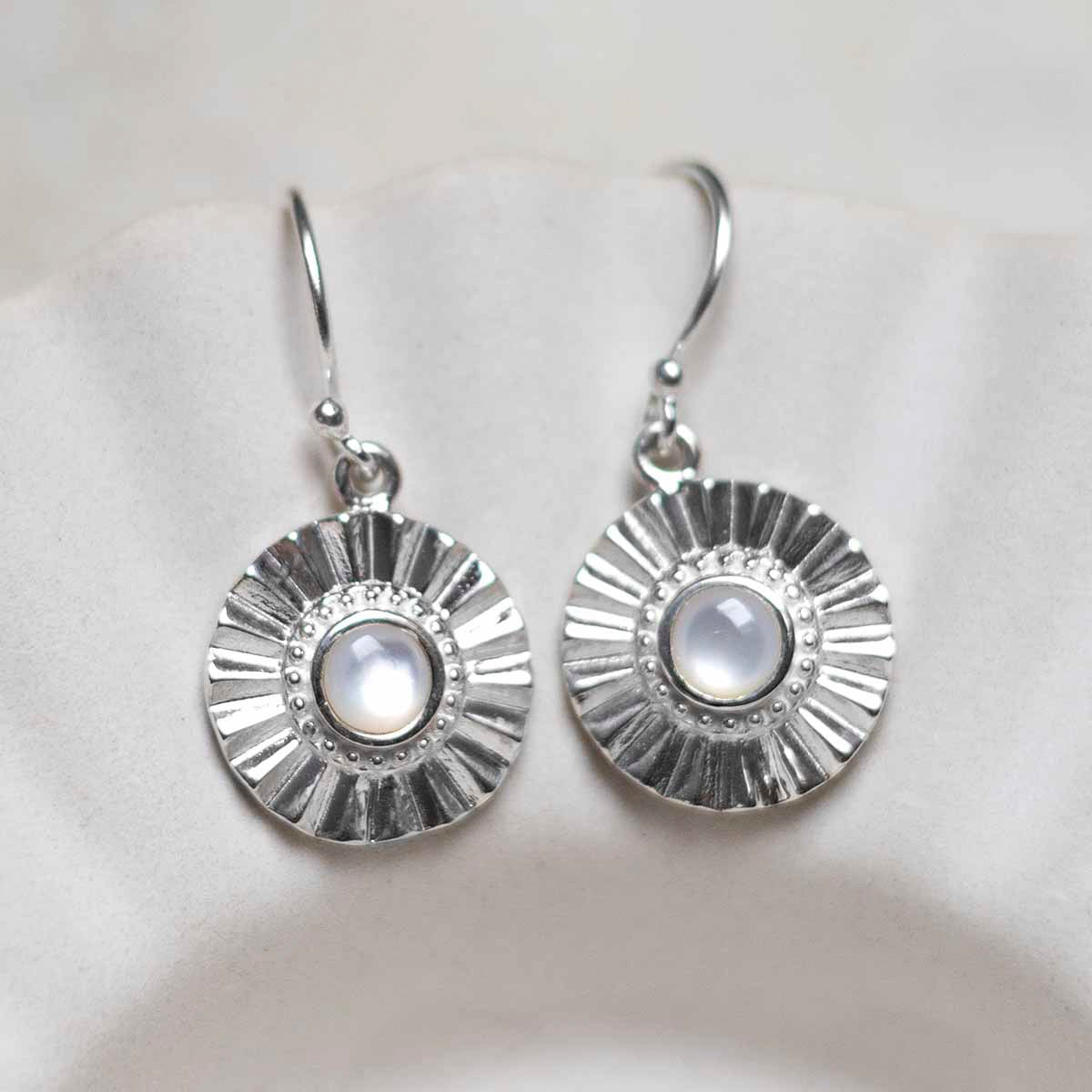 Sterling Silver Mother Of Pearl Sun Disc Dangly Earrings