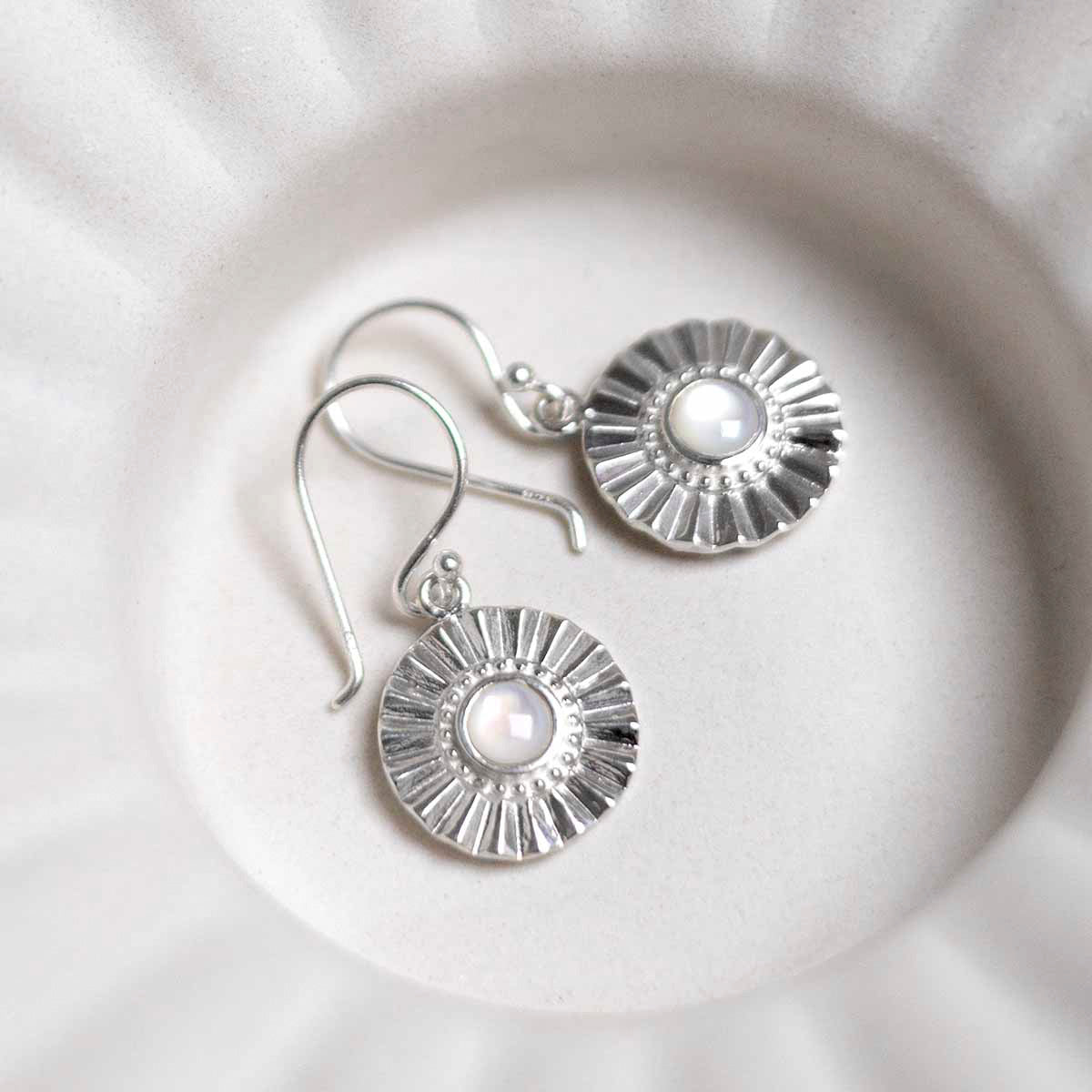 Sterling Silver Mother Of Pearl Sun Disc Dangly Earrings