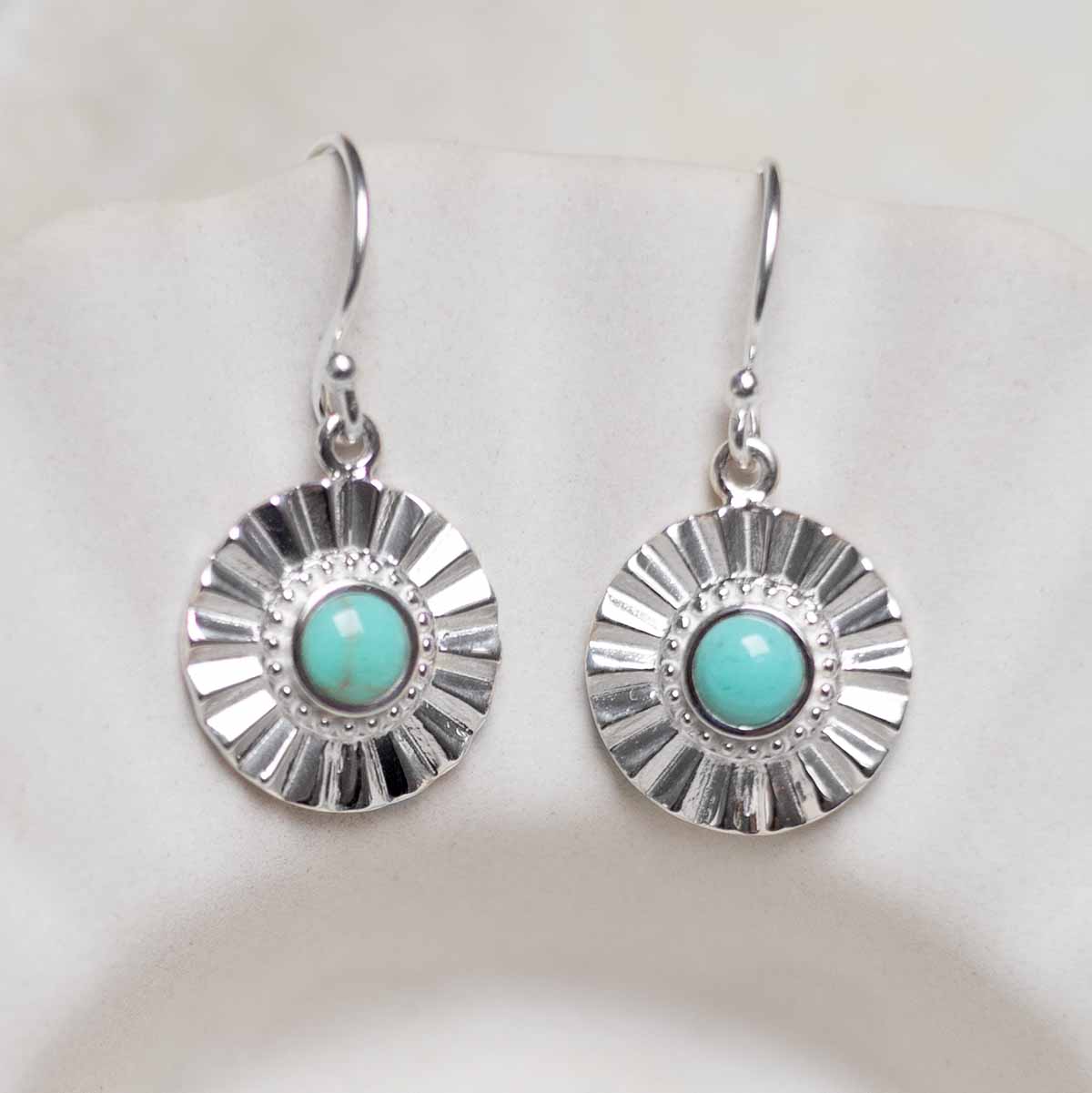 Sterling Silver Turquoise Sun Disc Dangly Earrings