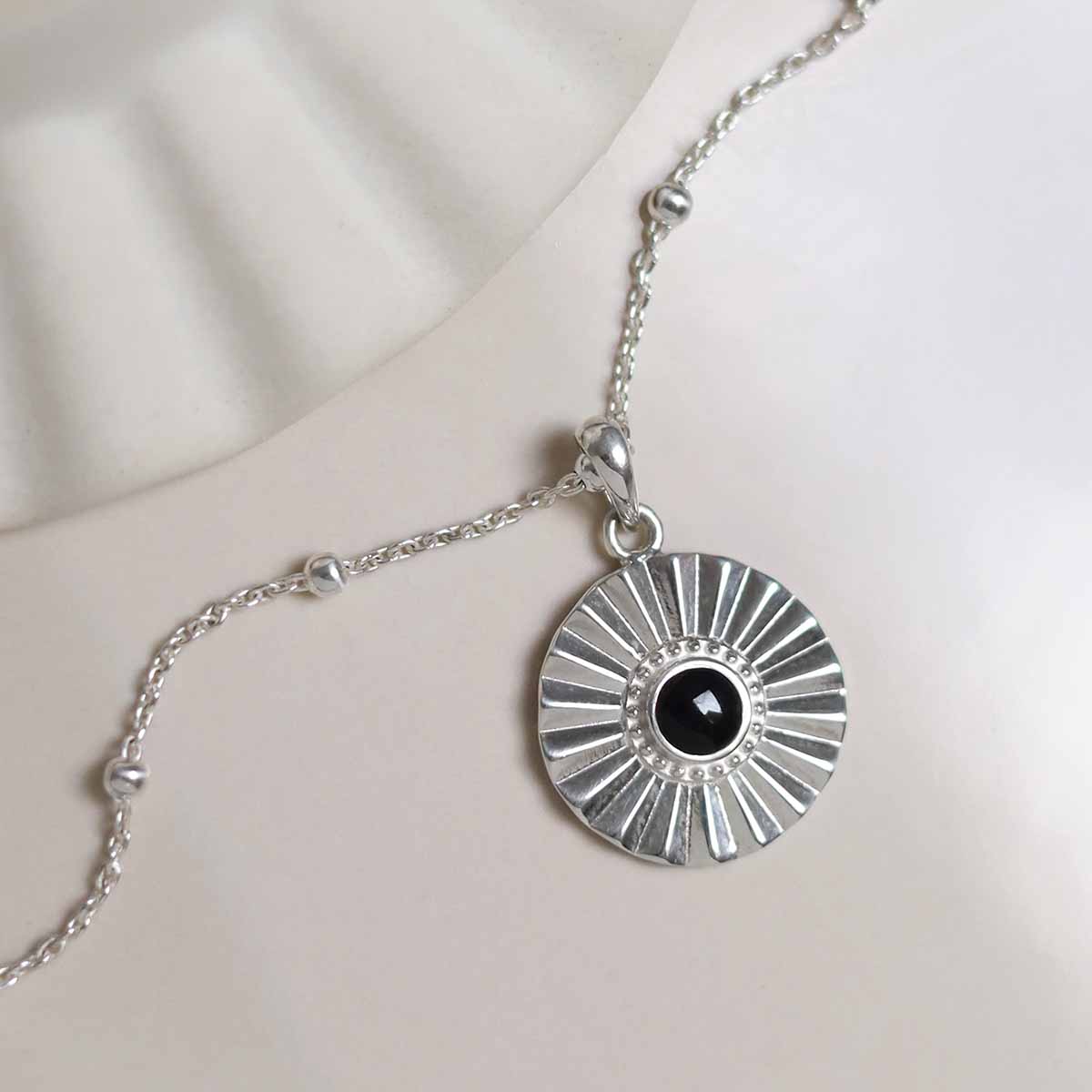 Sterling Silver Onyx Sun Disc Necklace