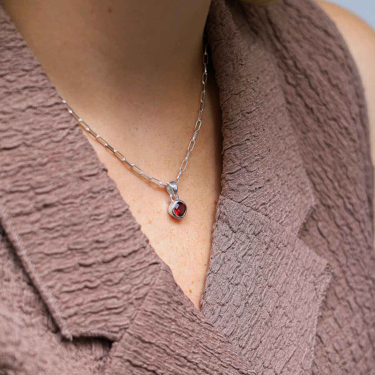 Sterling Silver Garnet Birthstone Fine Paperclip Necklace (January)