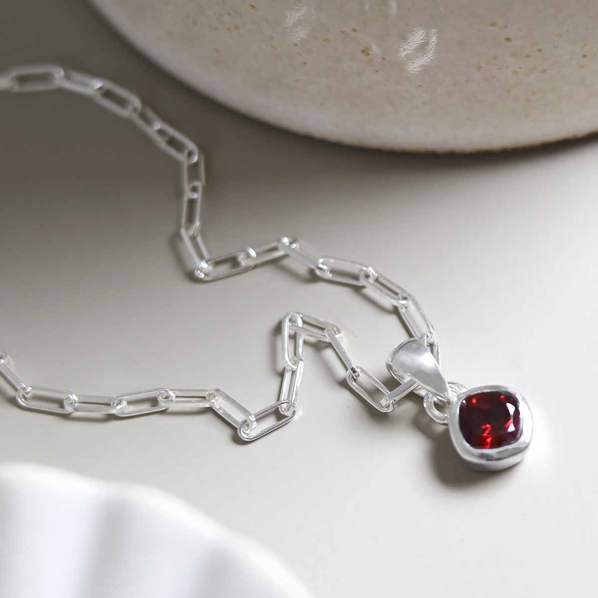 Sterling Silver Garnet Birthstone Fine Paperclip Necklace (January)