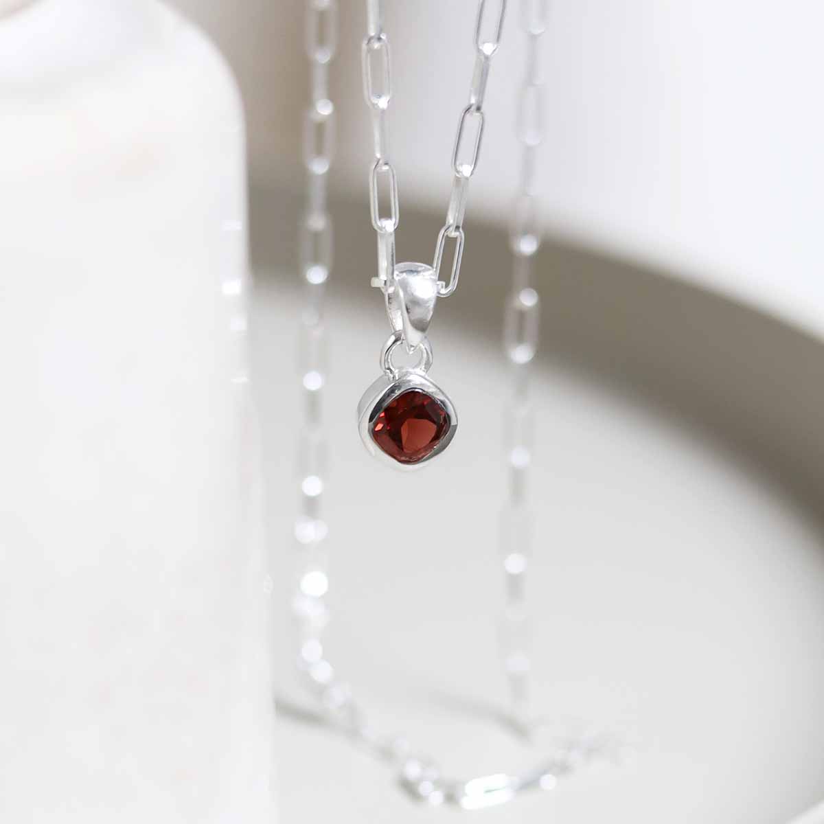 Sterling Silver Garnet Birthstone Fine Paperclip Necklace (January)