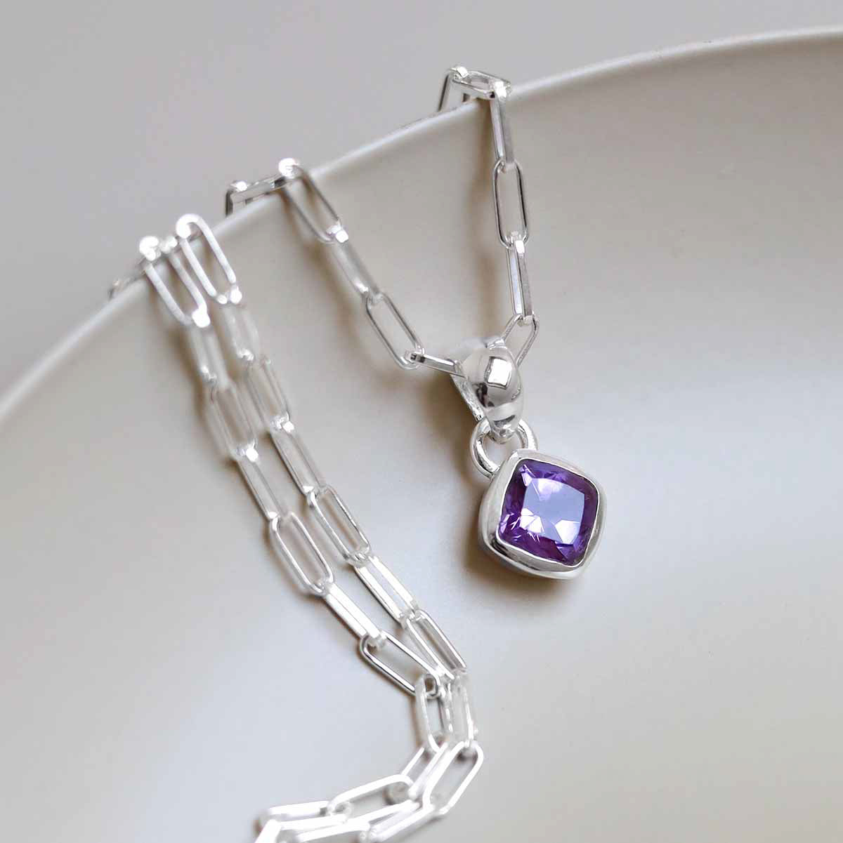 Sterling Silver Amethyst Birthstone Fine Paperclip Necklace (February)