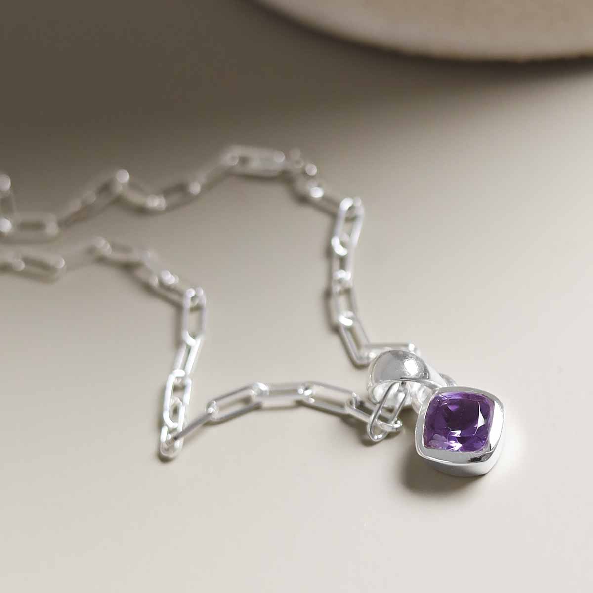 Sterling Silver Amethyst Birthstone Fine Paperclip Necklace (February)