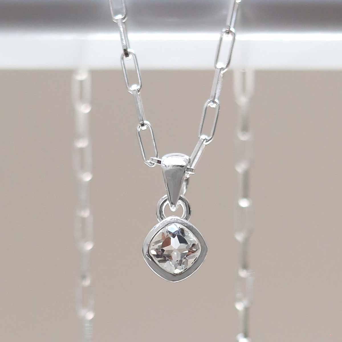 Sterling Silver Clear Quartz Birthstone Fine Paperclip Necklace (April)
