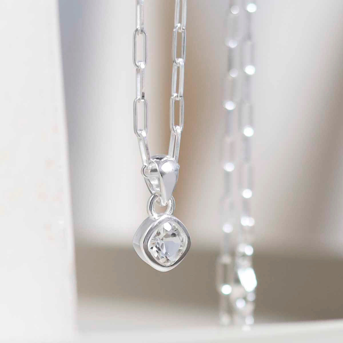 Sterling Silver Clear Quartz Birthstone Fine Paperclip Necklace (April)
