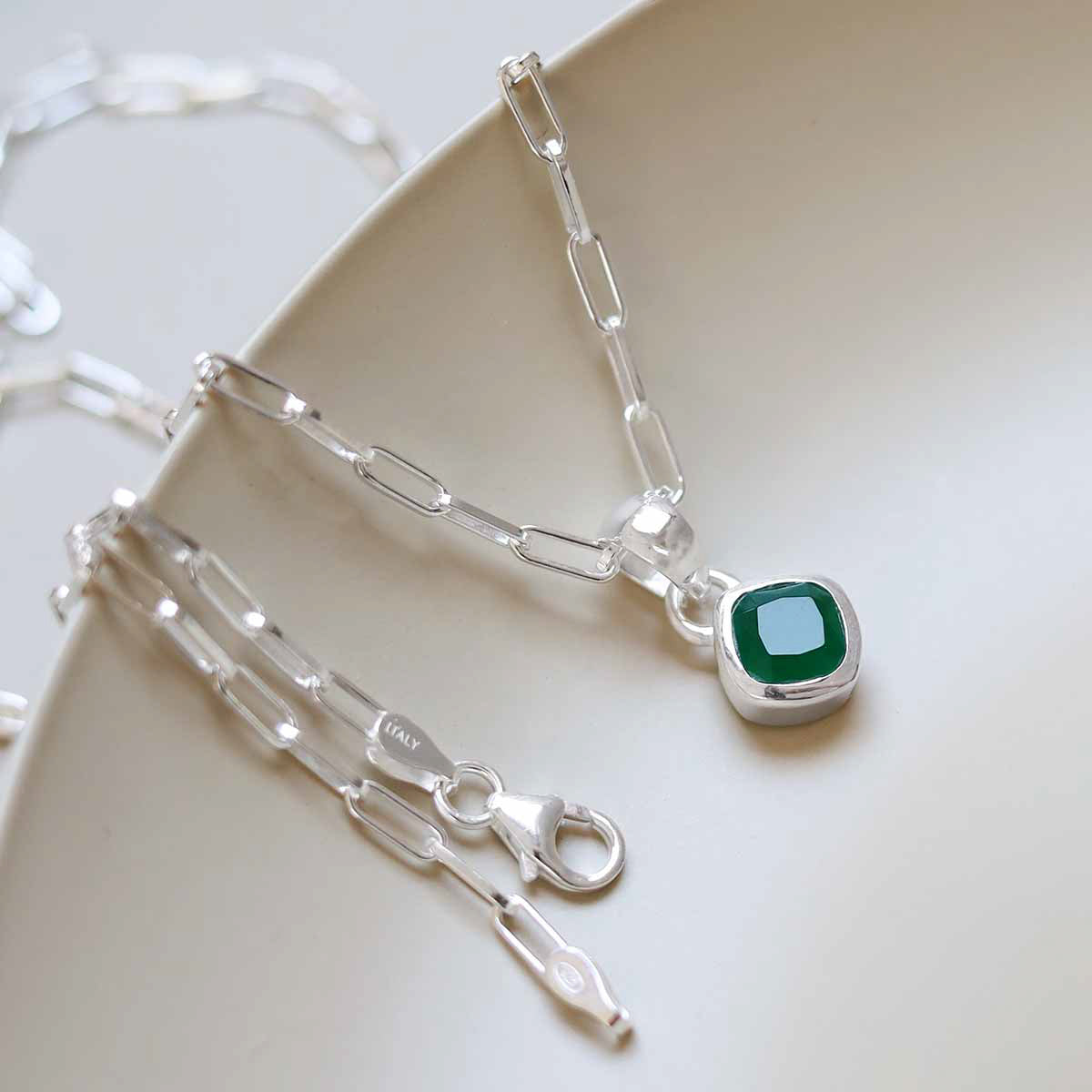 Sterling Silver Emerald Birthstone Fine Paperclip Necklace (May)