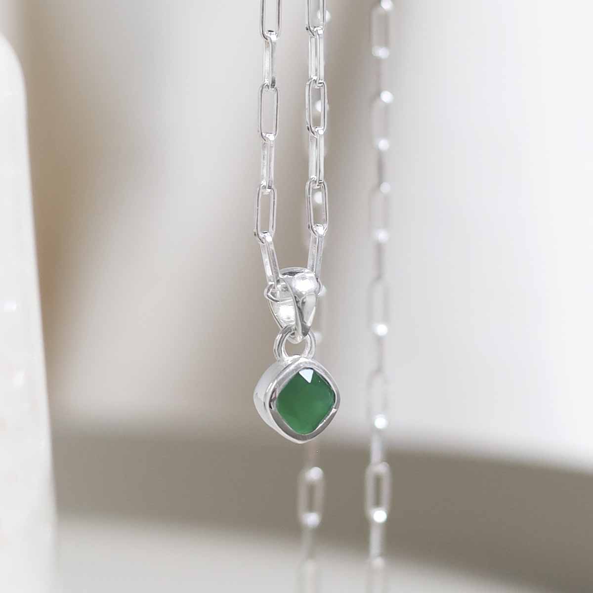 Sterling Silver Emerald Birthstone Fine Paperclip Necklace (May)