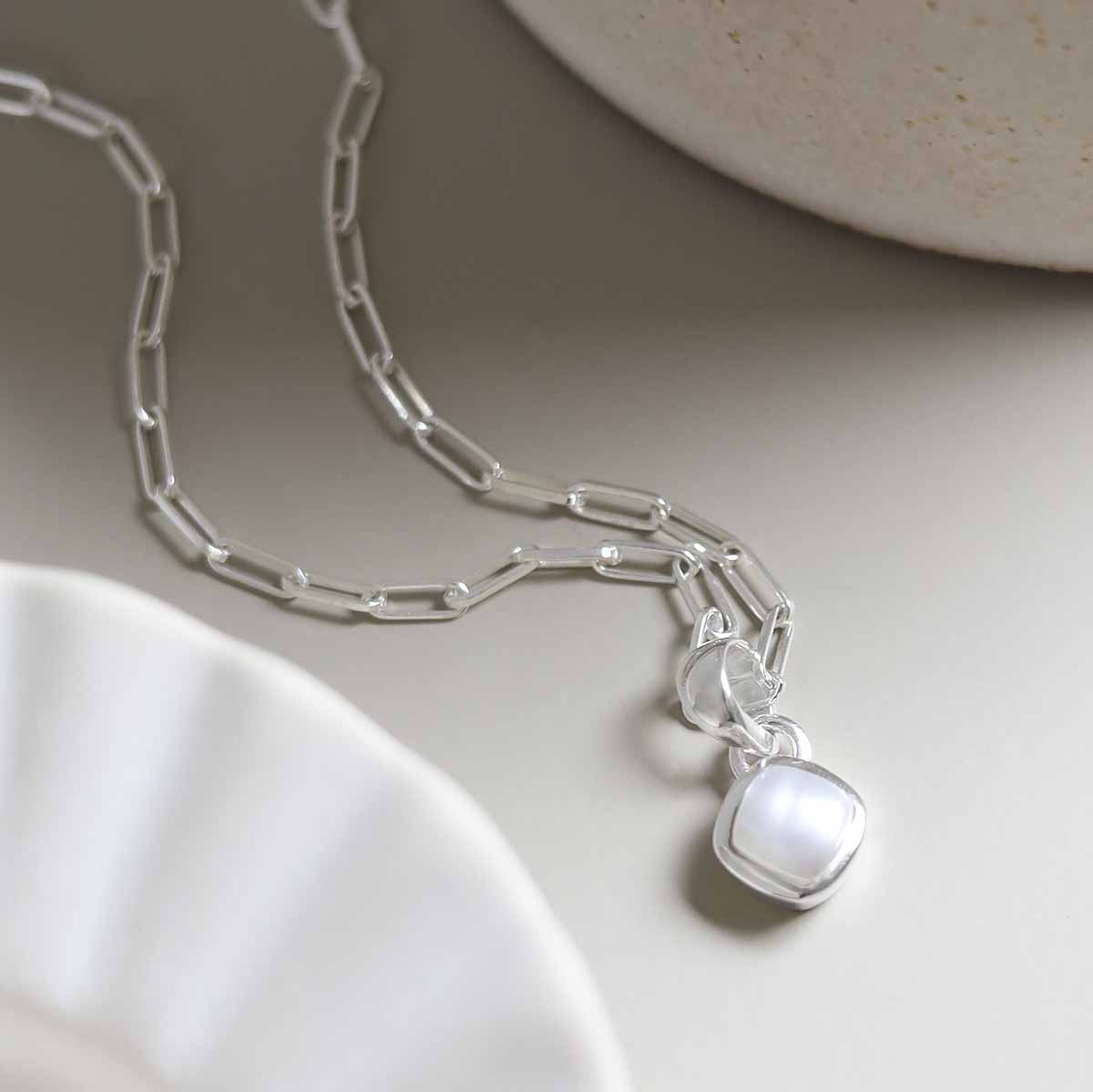 Sterling Silver Pearl Birthstone Fine Paperclip Necklace (June)