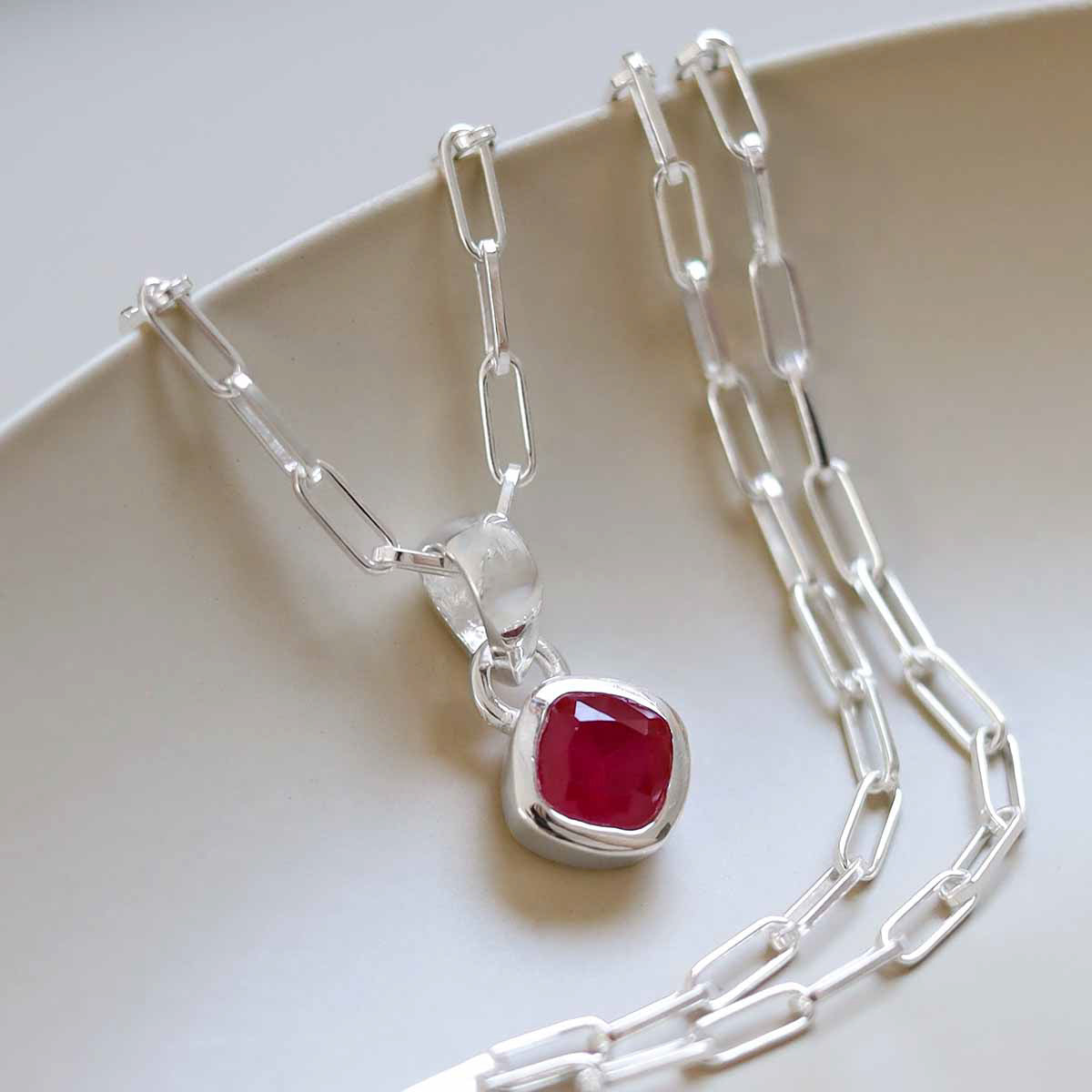 Sterling Silver Ruby Birthstone Fine Paperclip Necklace (July)