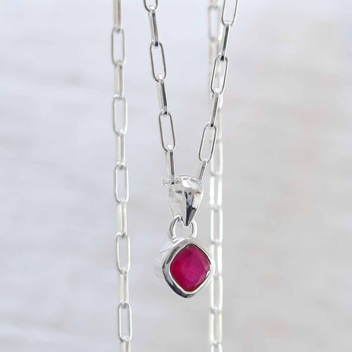 Sterling Silver Ruby Birthstone Fine Paperclip Necklace (July)