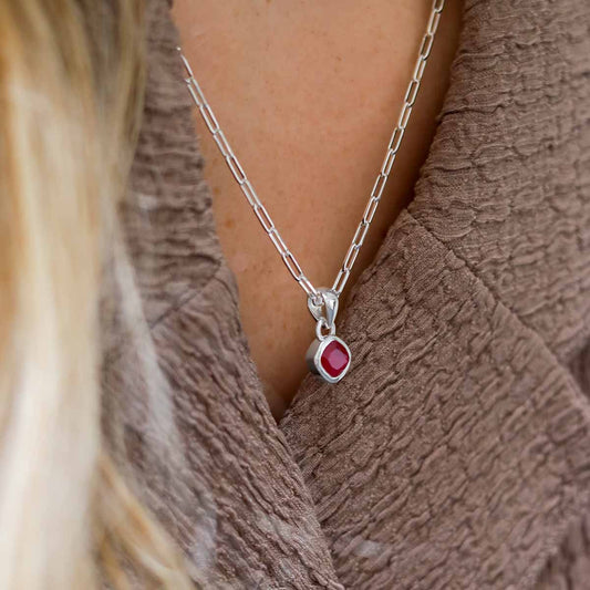 MW07FPN_Sterling Silver Ruby Birthstone Fine Paperclip Necklace (July)_Model