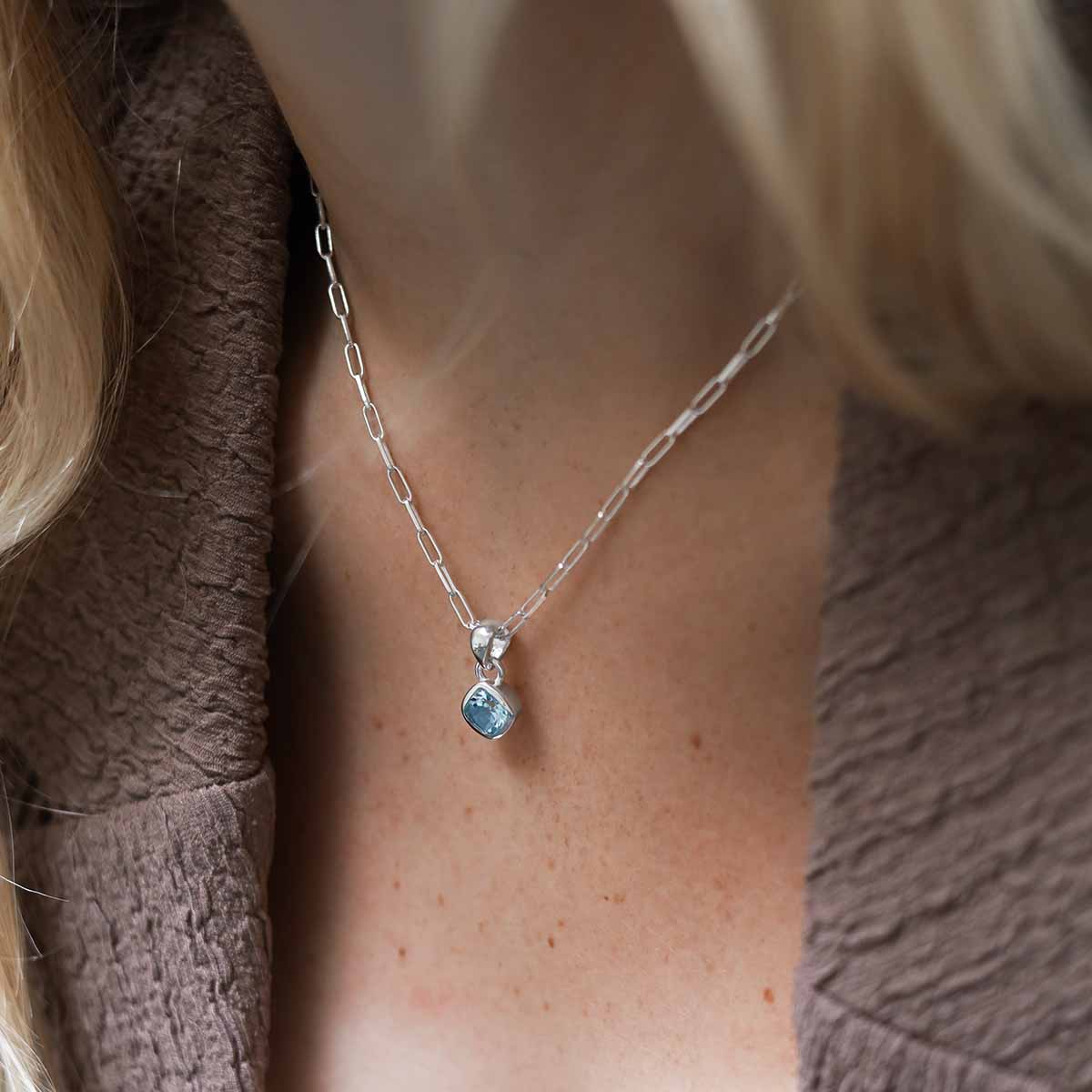 Sterling Silver Blue Topaz Birthstone Fine Paperclip Necklace (September)