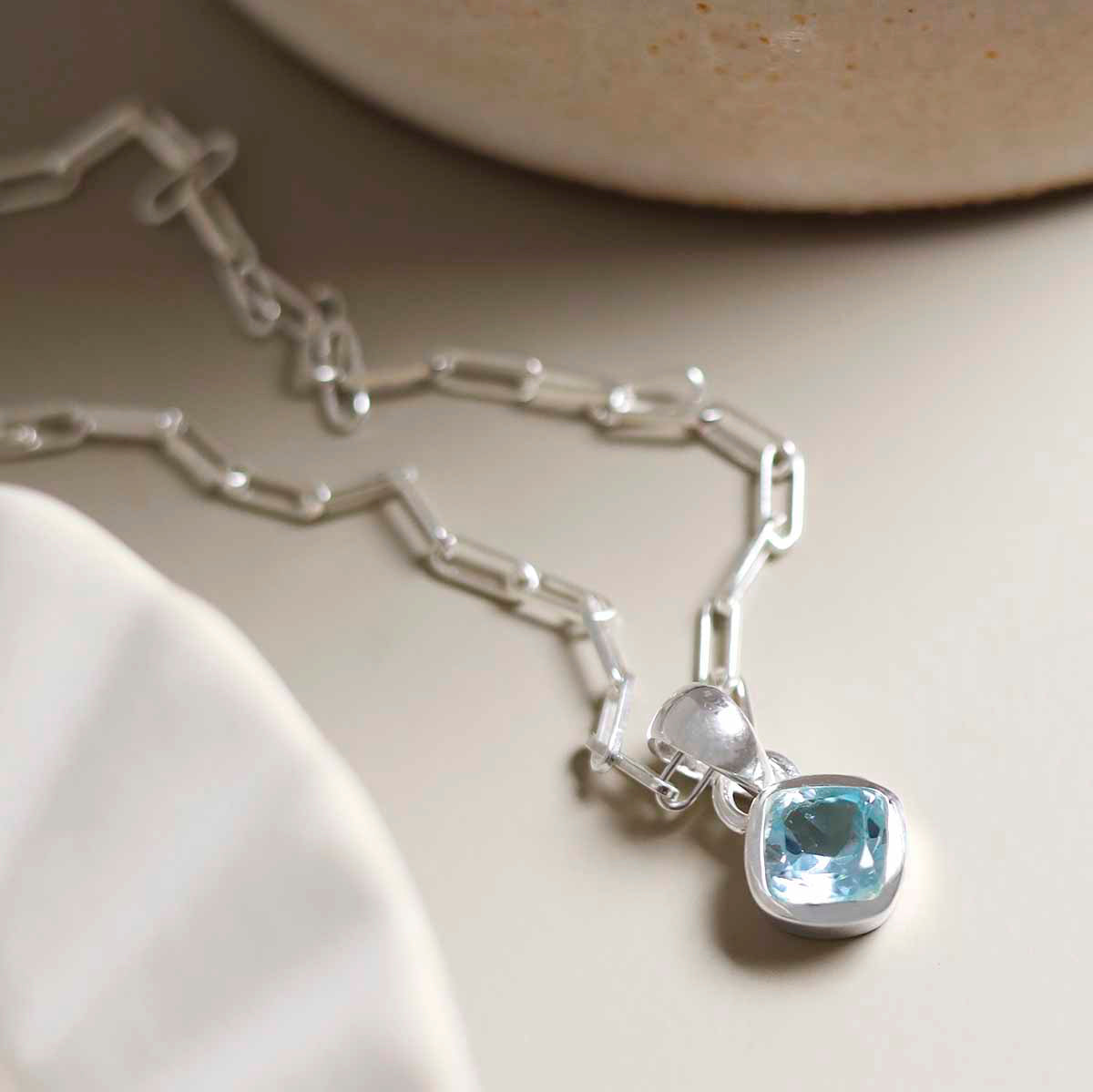 Sterling Silver Blue Topaz Birthstone Fine Paperclip Necklace (September)