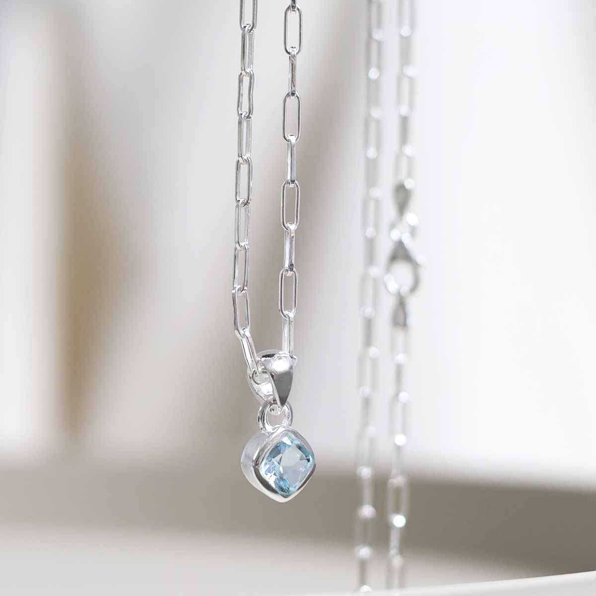 Sterling Silver Blue Topaz Birthstone Fine Paperclip Necklace (September)