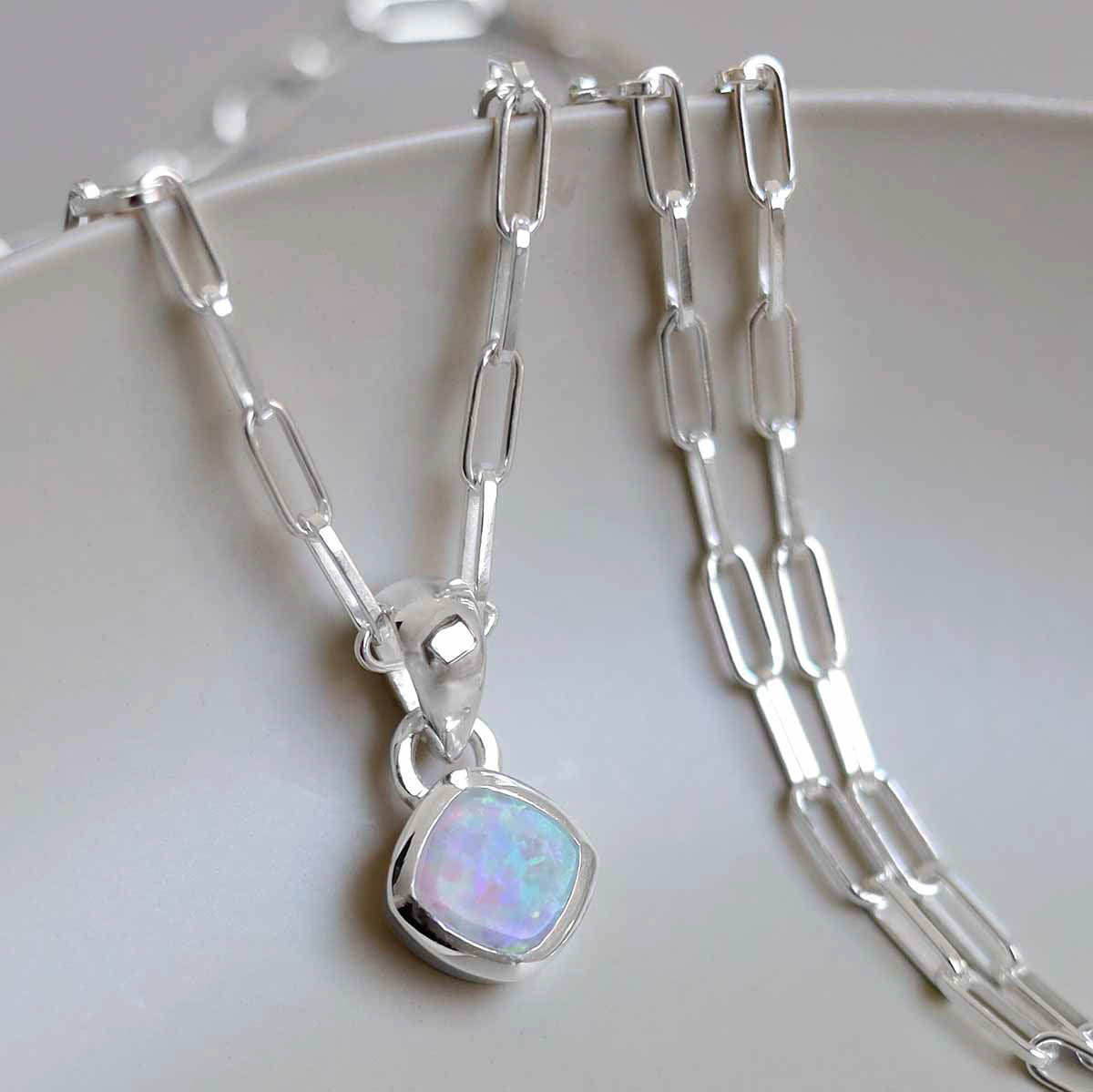 Sterling Silver Opalite Birthstone Fine Paperclip Necklace (October)